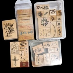 Lot of 35 Wooden Mounted Rubber Stamps Religious, Sentiments, cute& Fun& More